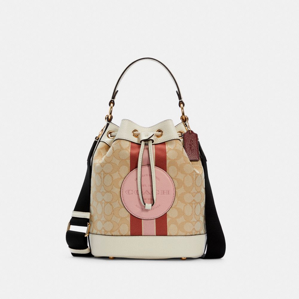 COACH C4102 - DEMPSEY DRAWSTRING BUCKET BAG IN SIGNATURE JACQUARD WITH STRIPE AND COACH PATCH IM/LT KHAKI/POWDER PINK MULTI