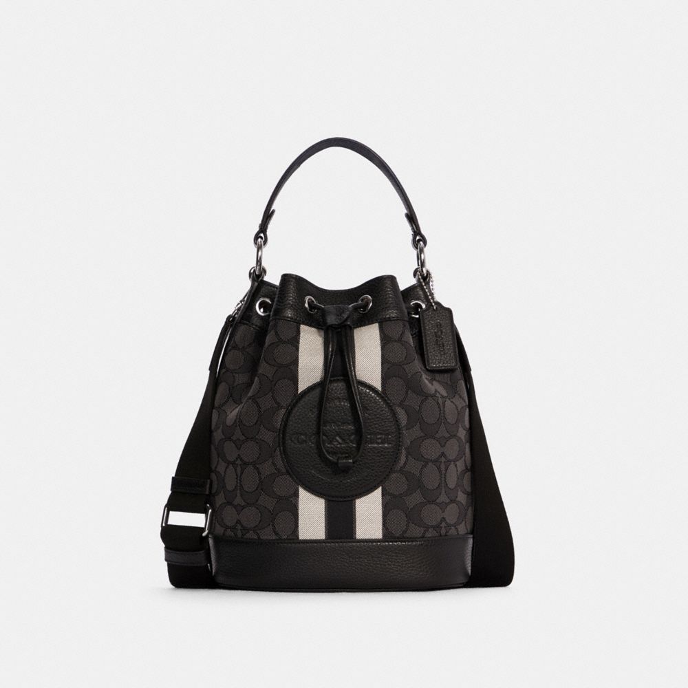 Dempsey Drawstring Bucket Bag In Signature Jacquard With Stripe And Coach Patch - C4102 - SILVER/BLACK SMOKE BLACK MULTI
