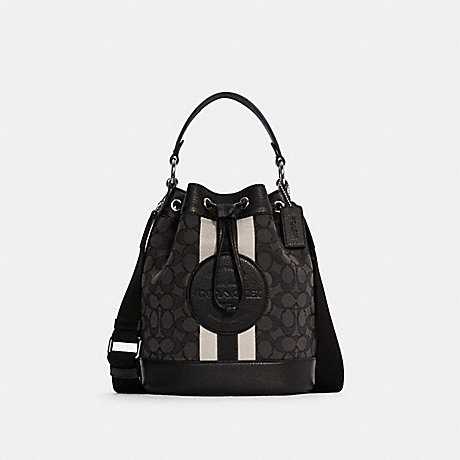 COACH C4102 Dempsey Drawstring Bucket Bag In Signature Jacquard With Stripe And Coach Patch SILVER/BLACK-SMOKE-BLACK-MULTI