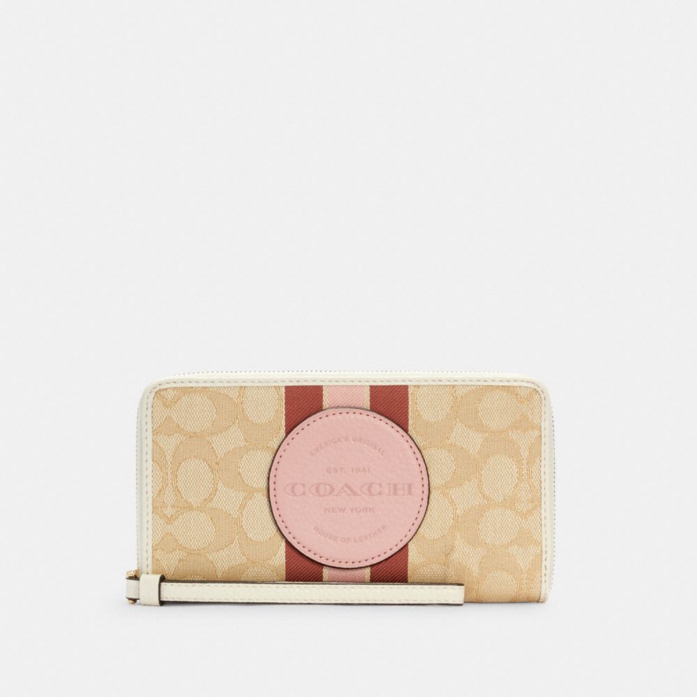 COACH C4110 DEMPSEY LARGE PHONE WALLET IN SIGNATURE JACQUARD WITH STRIPE AND COACH PATCH IM/LT KHAKI /POWDER PINK MULTI