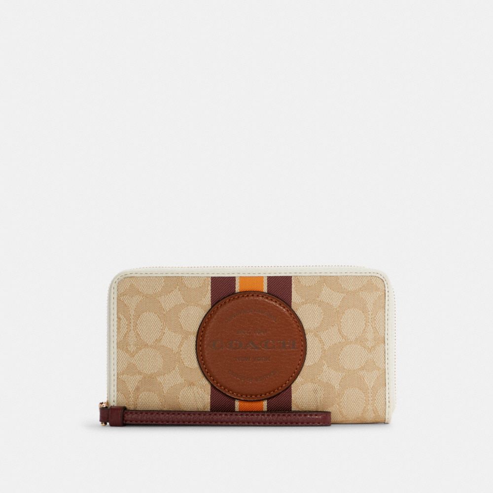 Dempsey Large Phone Wallet In Signature Jacquard With Stripe And Coach Patch - C4110 - GOLD/LIGHT KHAKI/WINE MULTI