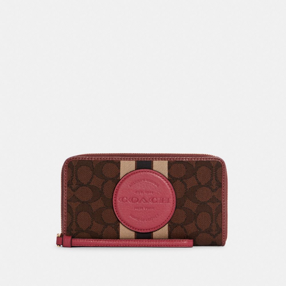 Dempsey Large Phone Wallet In Signature Jacquard With Stripe And Coach Patch - C4110 - GOLD/CHESTNUT STRWBRRY HZE