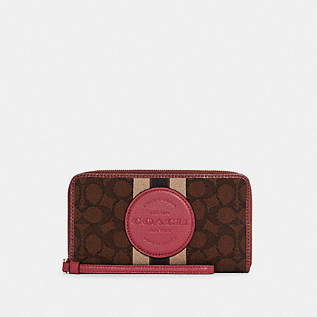 COACH C4110 Dempsey Large Phone Wallet In Signature Jacquard With Stripe And Coach Patch GOLD/CHESTNUT STRWBRRY HZE