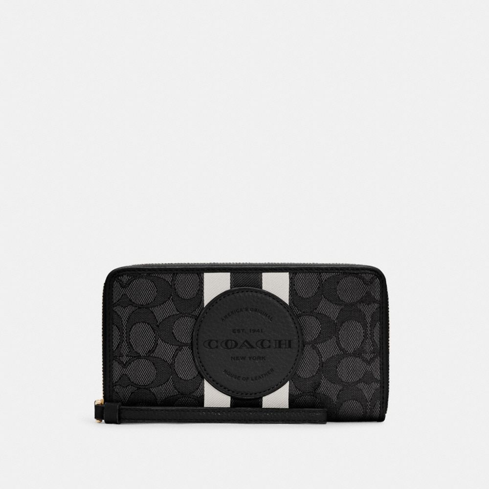COACH C4110 - Dempsey Large Phone Wallet In Signature Jacquard With Stripe And Coach Patch SILVER/BLACK SMOKE BLACK MULTI