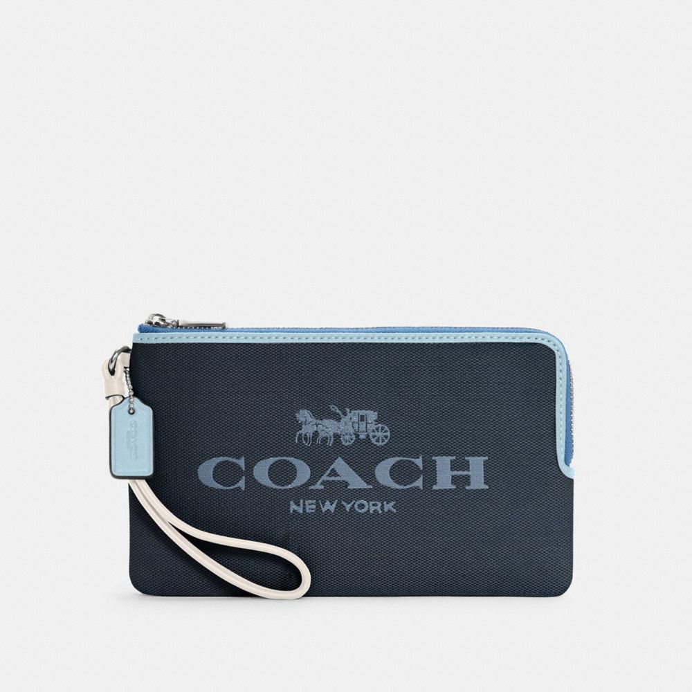 COACH C4126 Double Zip Wallet In Colorblock SV/DENIM/OCHRE MULTI