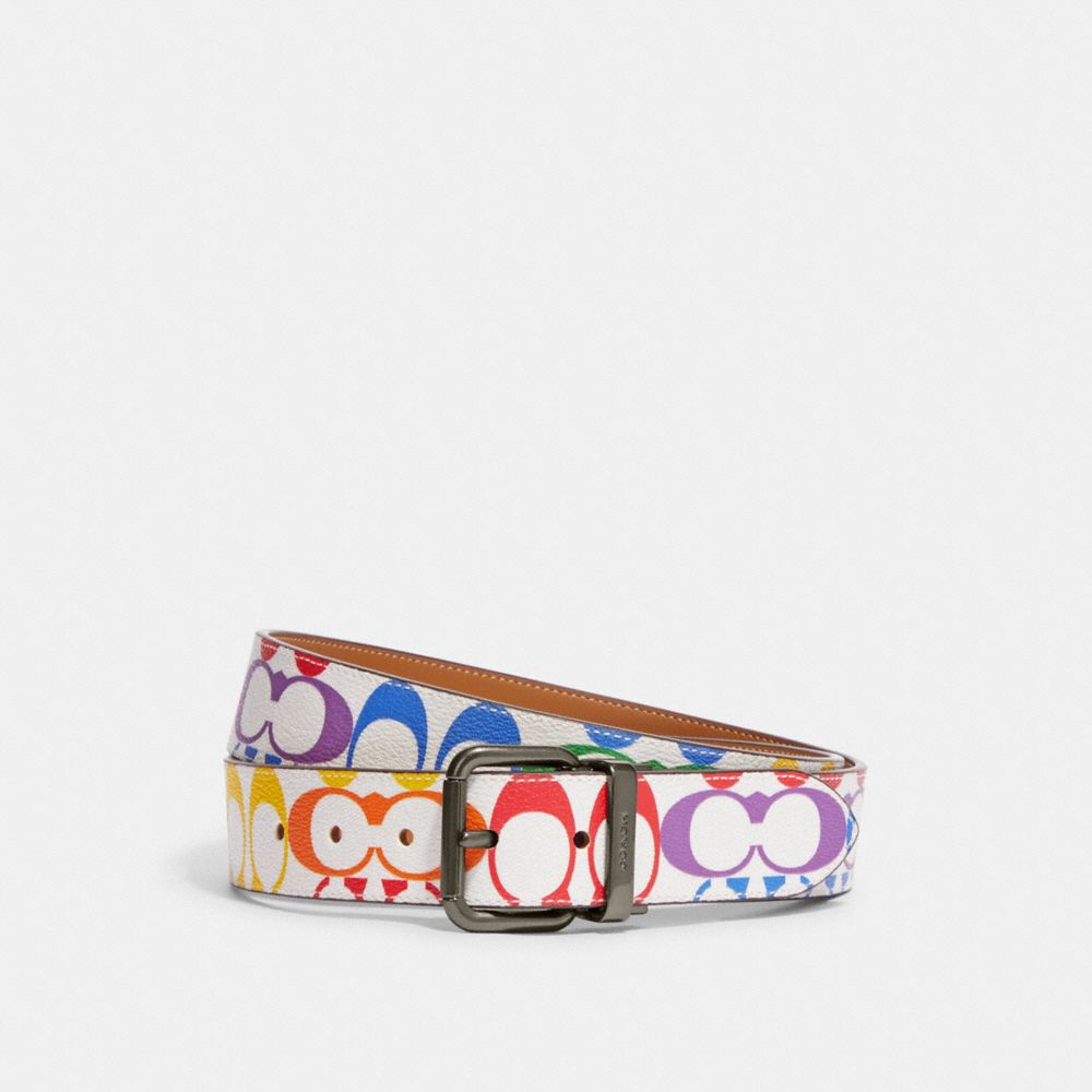 COACH C4153 Roller Buckle Cut To Size Reversible Belt In Rainbow Signature Canvas, 38 Mm GUNMETAL/CHALK MULTI