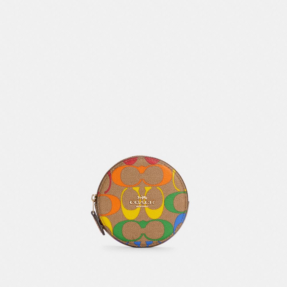 COACH ROUND COIN CASE IN RAINBOW SIGNATURE CANVAS - IM/LIGHT SADDLE MULTI - C4228