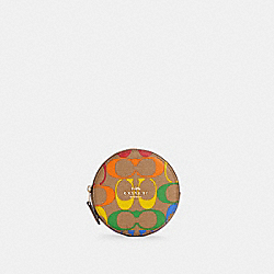 COACH C4228 Round Coin Case In Rainbow Signature Canvas IM/LIGHT SADDLE MULTI