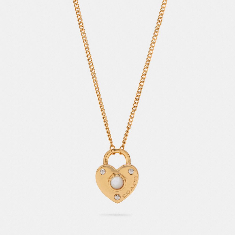 COACH C4255 Pearl Heart Padlock Pendant Necklace GOLD.