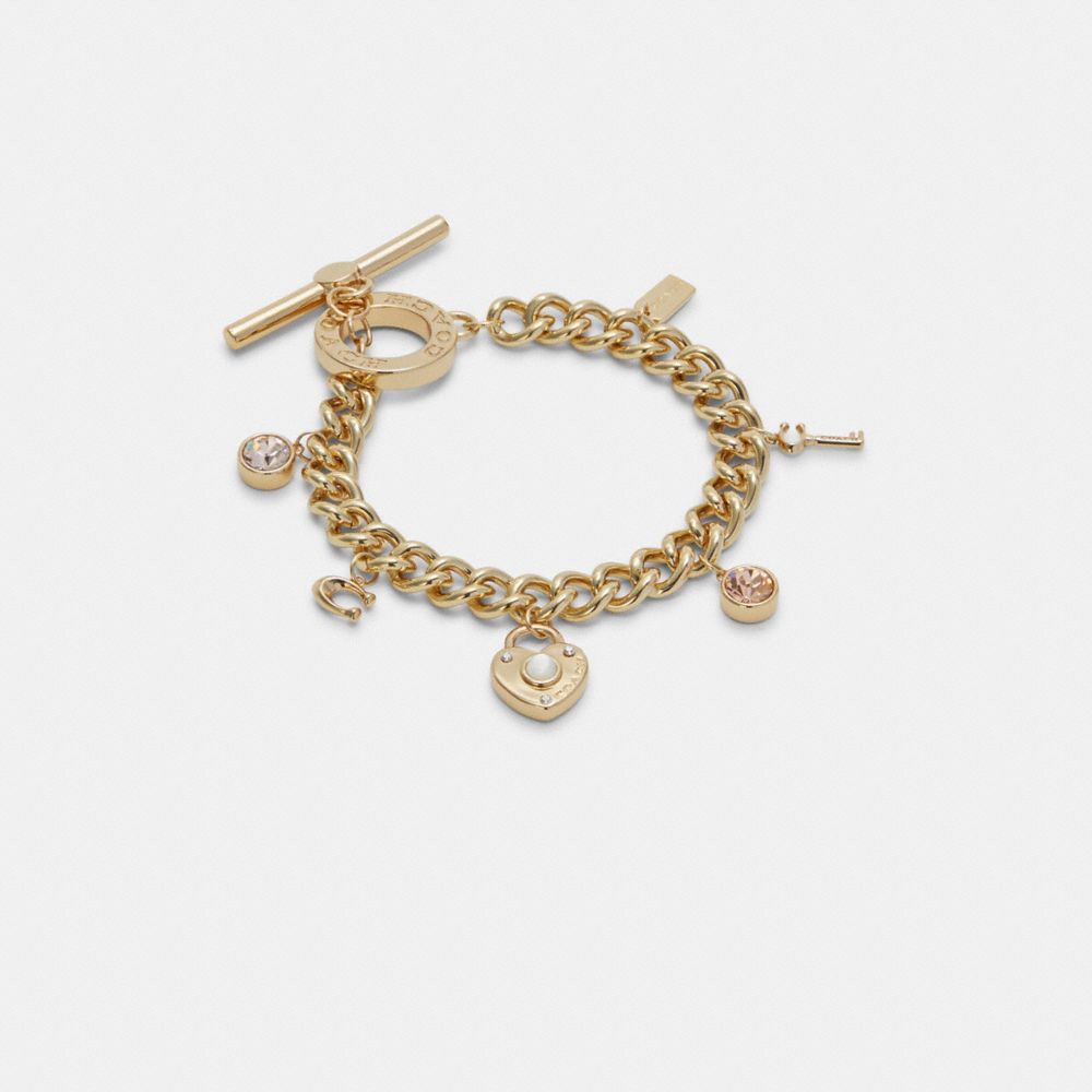 COACH C4259 Pearl Heart Padlock Charm Bracelet GOLD