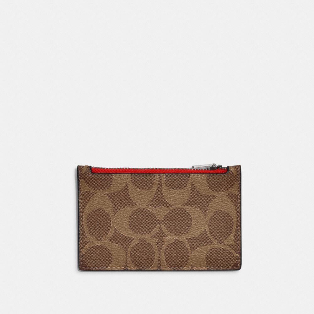 COACH C4281 Zip Card Case In Signature Canvas Gunmetal/Khaki/Miami Red