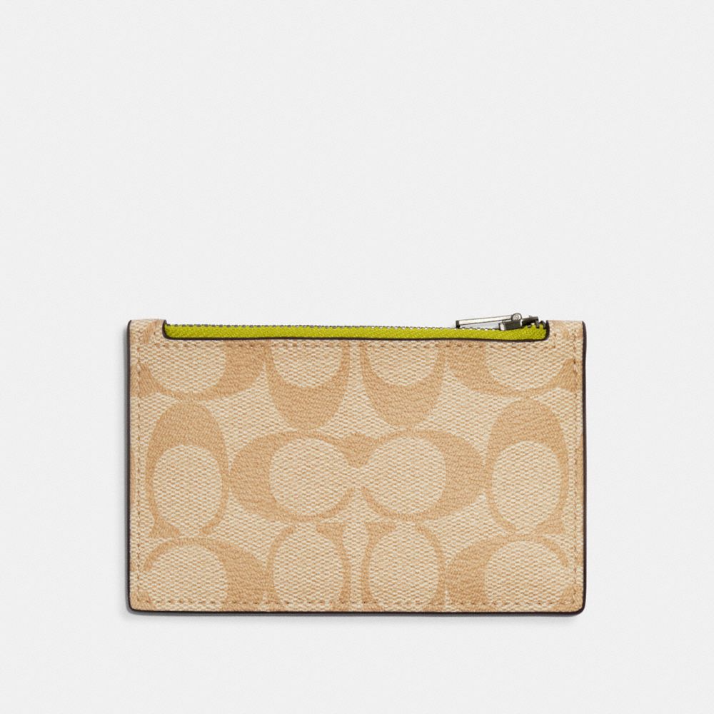 COACH C4281 Zip Card Case In Signature Canvas Black Antique Nickel/Light Khaki/Key Lime