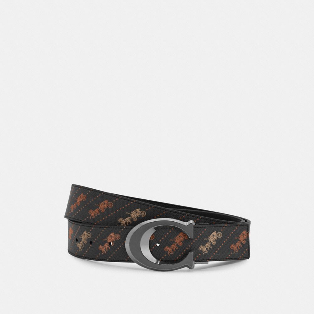 SCULPTED SIGNATURE BUCKLE CUT-TO-SIZE REVERSIBLE BELT WITH HORSE AND CARRIAGE DOT PRINT, 38MM - C4290 - QB/BLACK BLACK