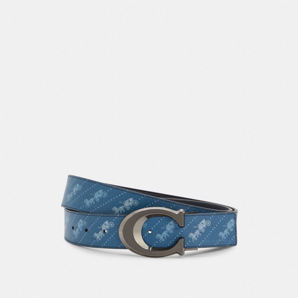 SCULPTED SIGNATURE BUCKLE CUT-TO-SIZE REVERSIBLE BELT WITH HORSE AND CARRIAGE DOT PRINT, 38MM - C4290 - QB/PALE JEWEL BLUE MIDNIGHT