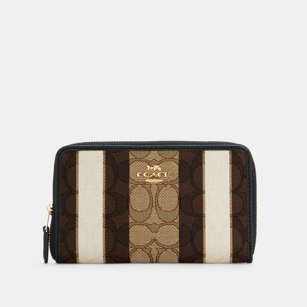 COACH C4297 MEDIUM ID ZIP WALLET IN SIGNATURE JACQUARD WITH STRIPES IM/KHAKI BLACK MULTI