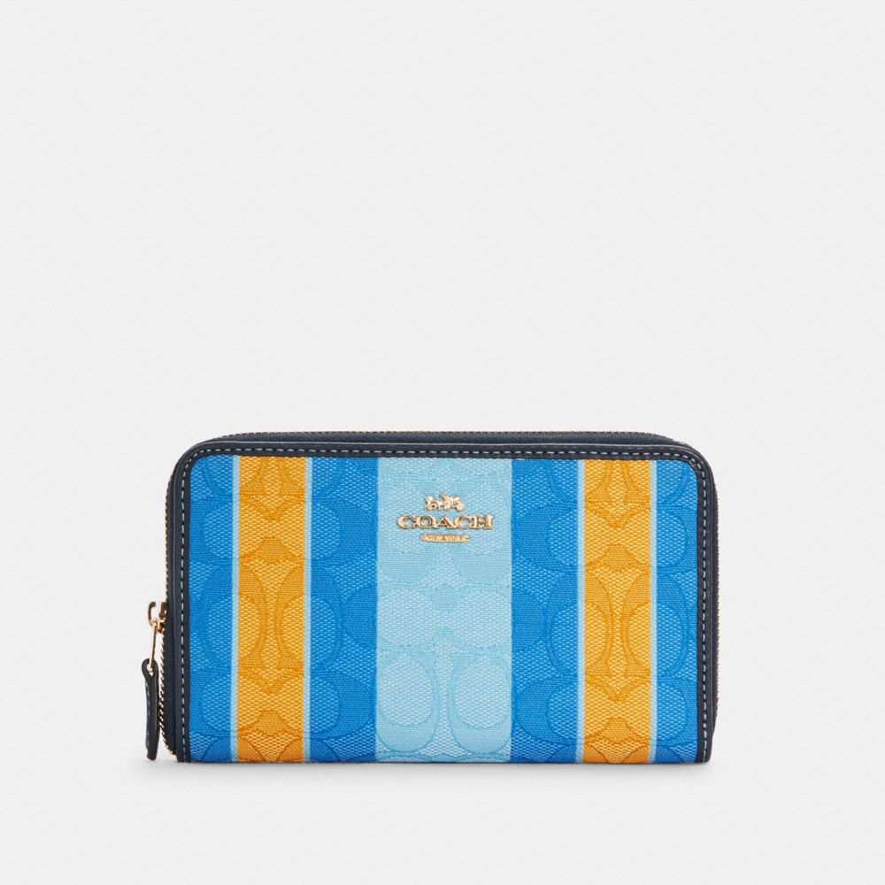 COACH C4297 - MEDIUM ID ZIP WALLET IN SIGNATURE JACQUARD WITH STRIPES IM/BLUE/YELLOW MULTI