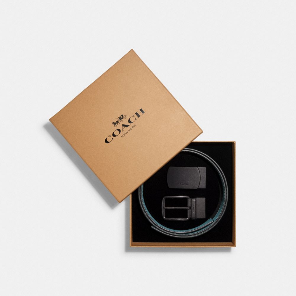 COACH BOXED PLAQUE AND HARNESS BUCKLE CUT-TO-SIZE REVERSIBLE BELT, 38MM - QB/JEWEL BLUE MARINE - C4423