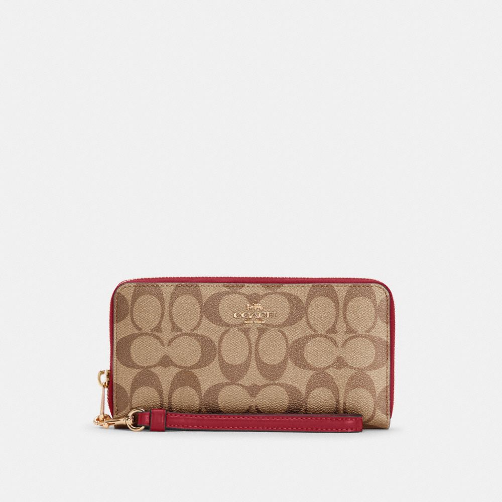 COACH Long Zip Around Wallet In Signature Canvas - GOLD/KHAKI/CHERRY - C4452