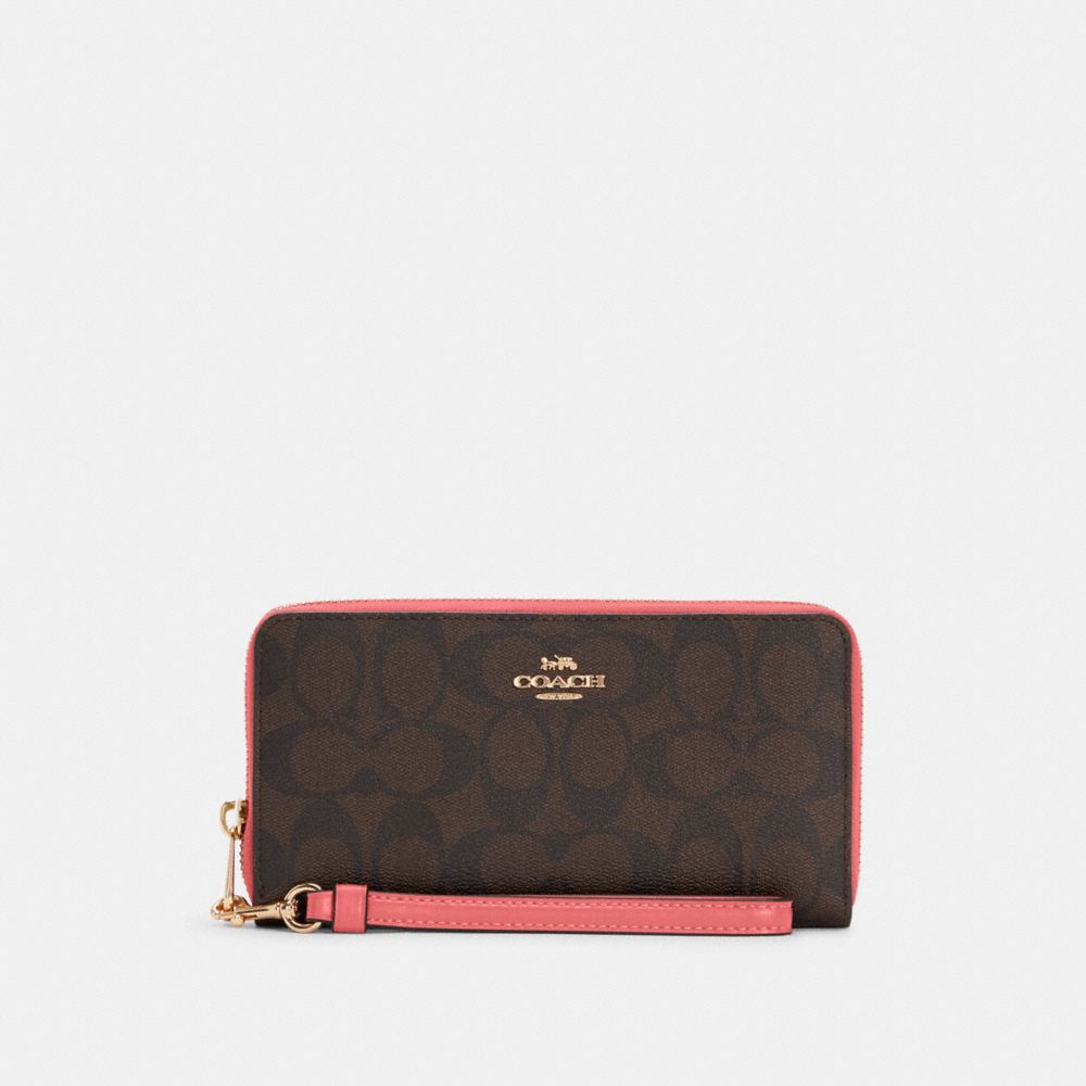 COACH C4452 Long Zip Around Wallet In Signature Canvas Gold/Pink Lemonade