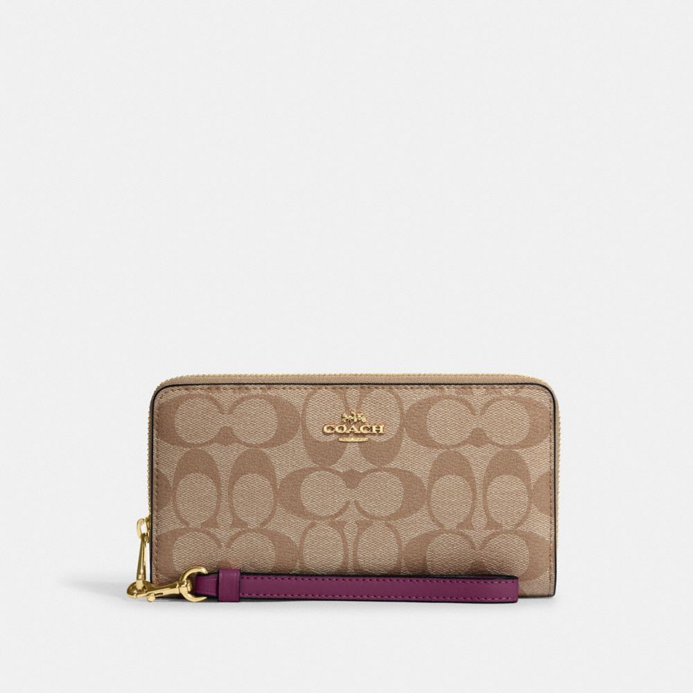 COACH C4452 Long Zip Around Wallet In Signature Canvas GOLD/KHAKI/DEEP BERRY