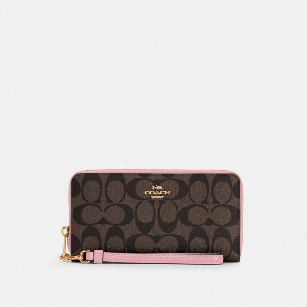 COACH Long Zip Around Wallet In Signature Canvas - GOLD/BROWN/TRUE PINK - C4452