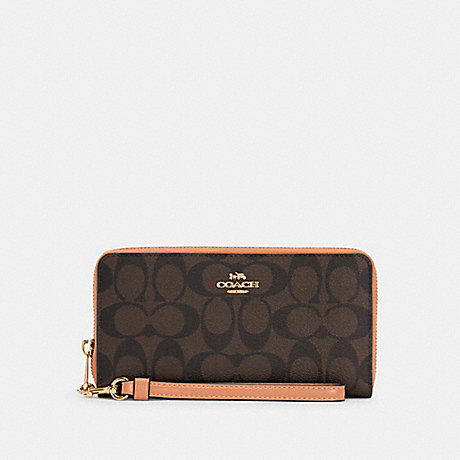 COACH C4452 Long Zip Around Wallet In Signature Canvas Gold/Brown-Shell-Pink