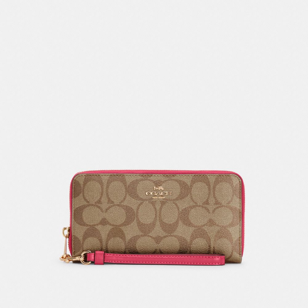 COACH C4452 Long Zip Around Wallet In Signature Canvas GOLD/KHAKI/BOLD PINK