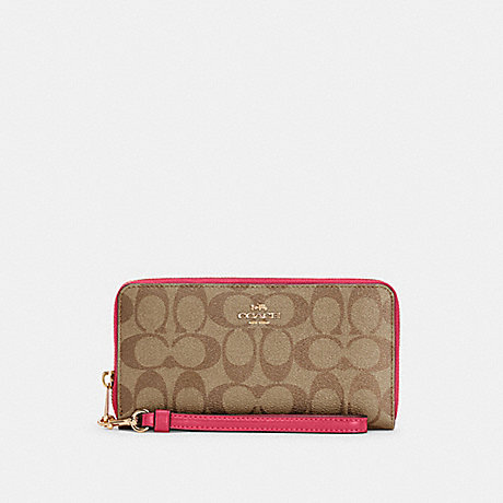 COACH C4452 Long Zip Around Wallet In Signature Canvas GOLD/KHAKI/BOLD-PINK