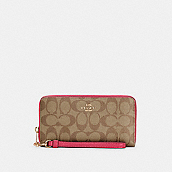 COACH C4452 Long Zip Around Wallet In Signature Canvas GOLD/KHAKI/BOLD PINK
