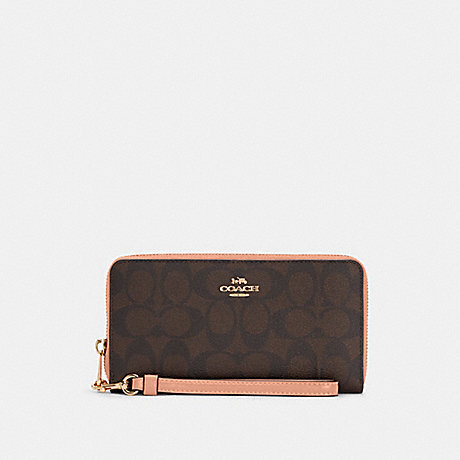 COACH C4452 Long Zip Around Wallet In Signature Canvas GOLD/LIGHT-KHAKI/FADED-BLUSH