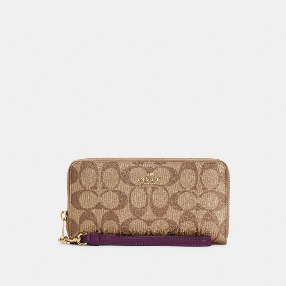 COACH C4452 Long Zip Around Wallet In Signature Canvas IM/KHAKI/BOYSENBERRY