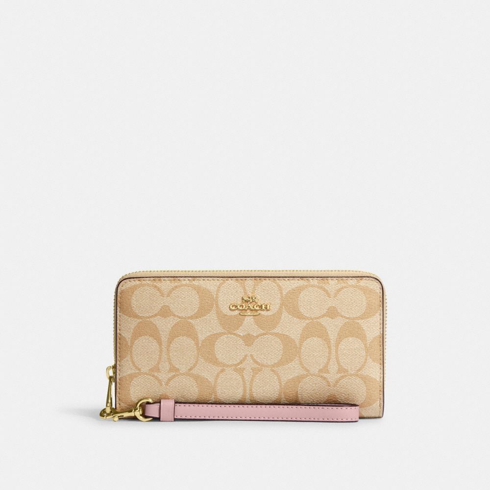 COACH C4452 Long Zip Around Wallet In Signature Canvas IM/LT KHAKI/POWDER PINK