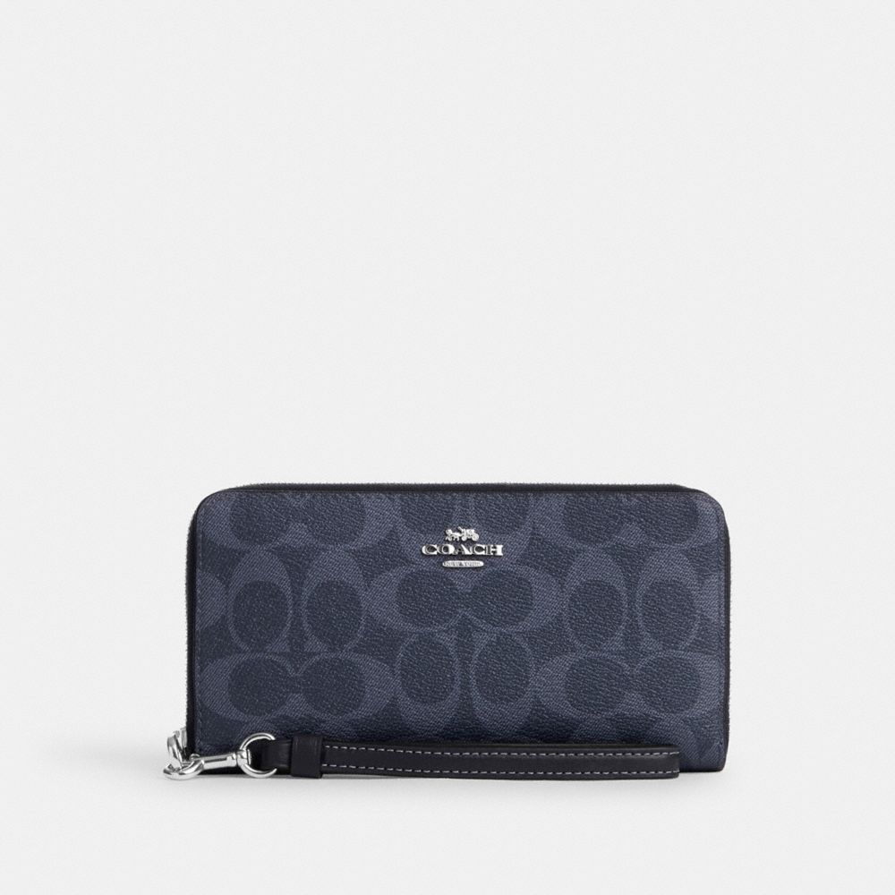 COACH C4452 Long Zip Around Wallet In Signature Canvas SILVER/DENIM/MIDNIGHT NAVY