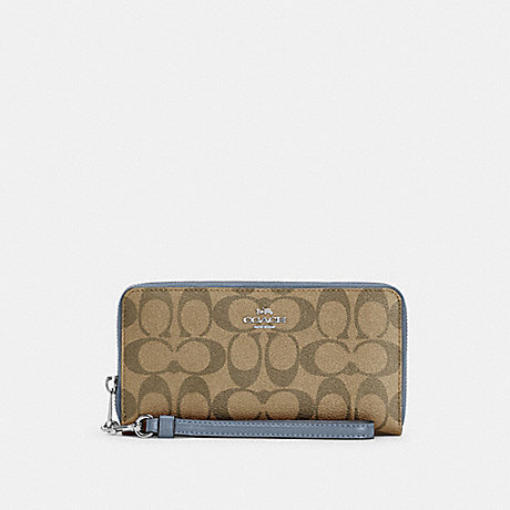COACH Long Zip Around Wallet In Signature Canvas - SILVER/KHAKI/MARBLE BLUE - C4452