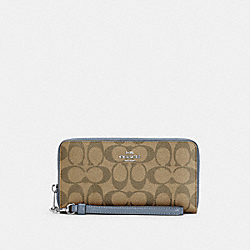 COACH C4452 Long Zip Around Wallet In Signature Canvas SILVER/KHAKI/MARBLE BLUE
