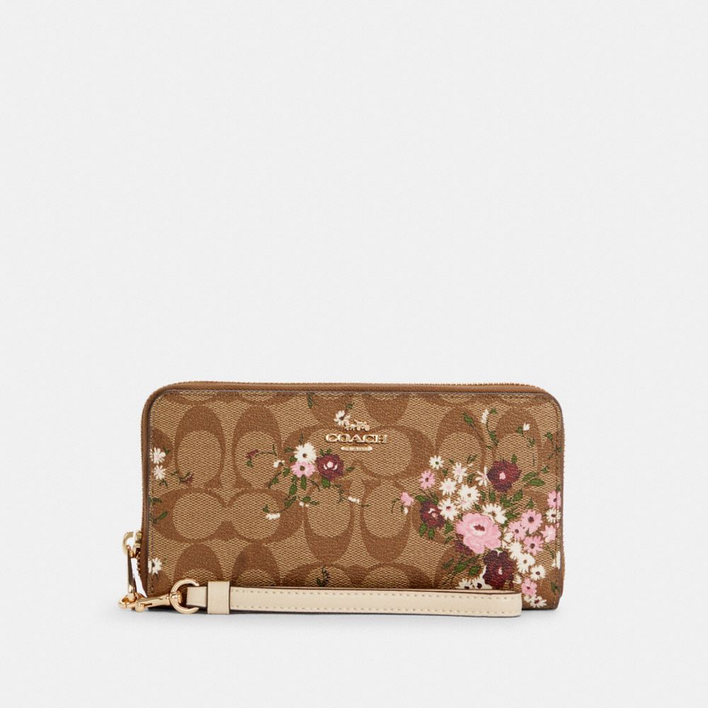 COACH C4456 LONG ZIP AROUND WALLET IN SIGNATURE CANVAS WITH EVERGREEN FLORAL PRINT IM/KHAKI MULTI