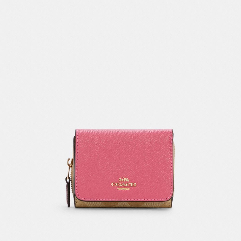 COACH C4527 SMALL TRIFOLD WALLET IN COLORBLOCK SIGNATURE CANVAS IM/CONFETTI PINK MANGO MULTI