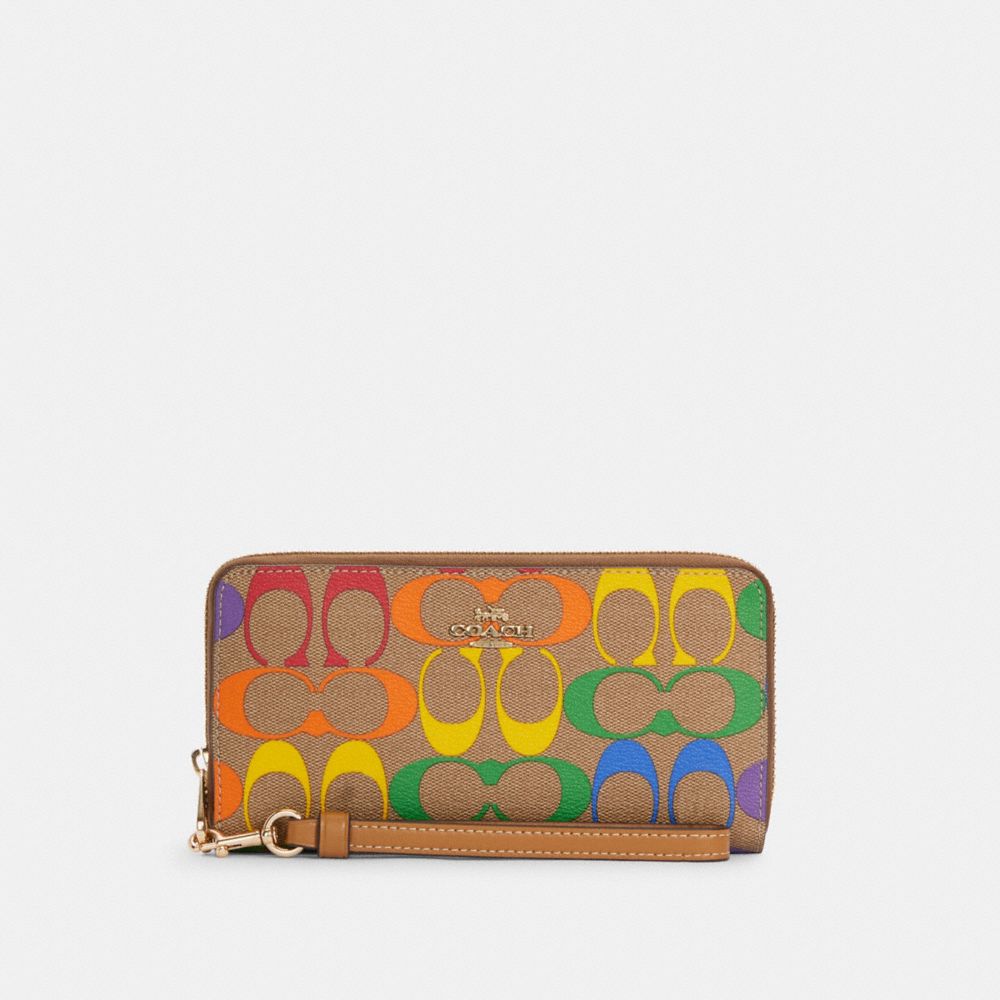 COACH C4537 Long Zip Around Wallet In Rainbow Signature Canvas IM/LIGHT SADDLE MULTI