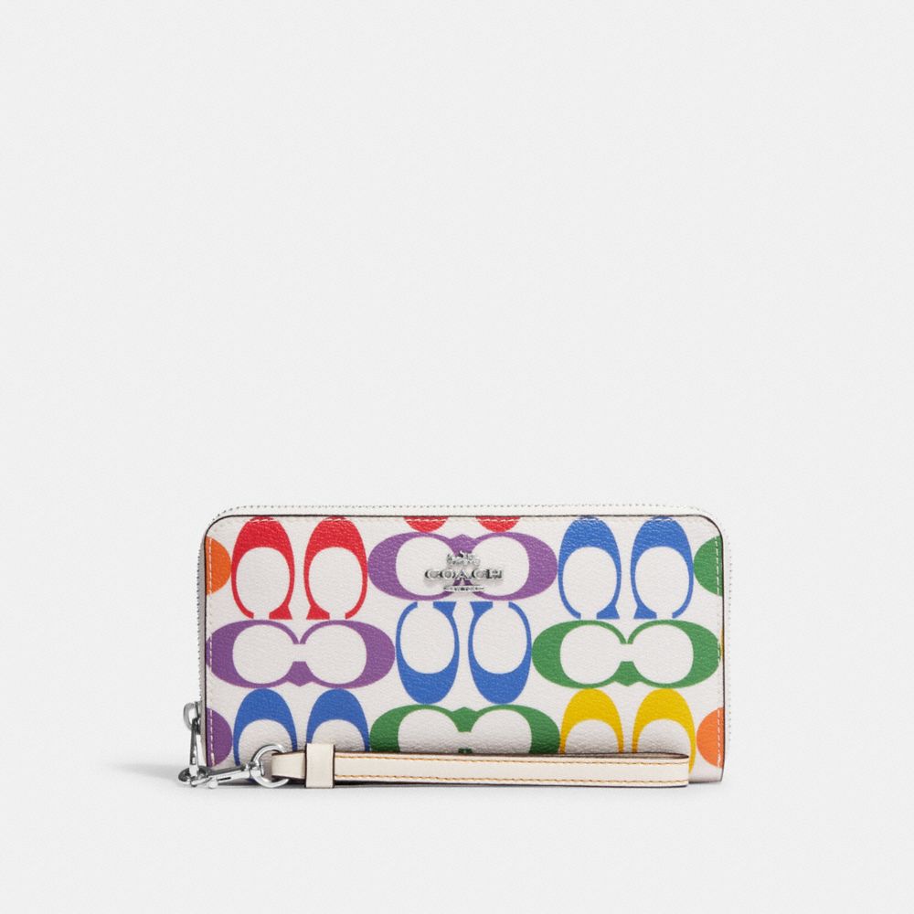 COACH C4537 Long Zip Around Wallet In Rainbow Signature Canvas SILVER/CHALK MULTI