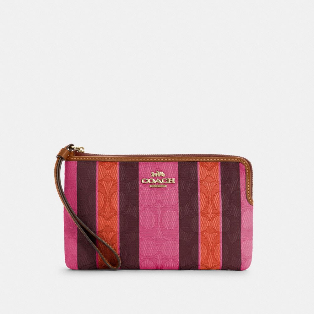 COACH C4566 LARGE CORNER ZIP WRISTLET IN SIGNATURE JACQUARD WITH STRIPES IM/PINK/BURGUNDY MULTI