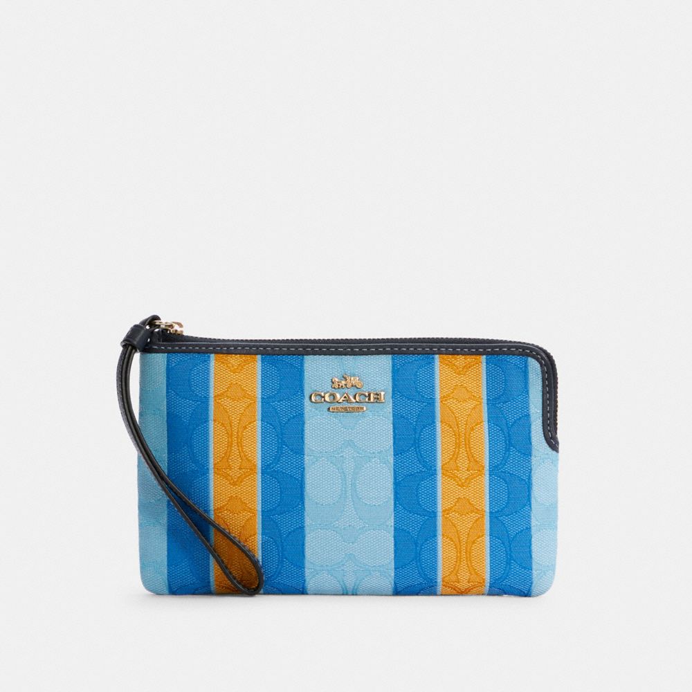 LARGE CORNER ZIP WRISTLET IN SIGNATURE JACQUARD WITH STRIPES - C4566 - IM/BLUE/YELLOW MULTI