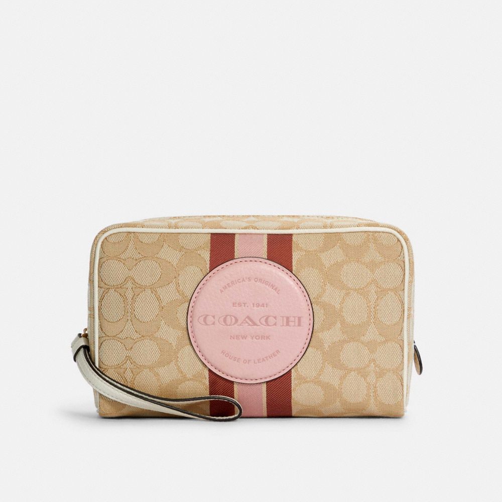 COACH C4582 - DEMPSEY BOXY COSMETIC CASE 20 IN SIGNATURE JACQUARD WITH STRIPE AND COACH PATCH IM/LT KHAKI /POWDER PINK MULTI