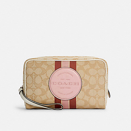 COACH C4582 DEMPSEY BOXY COSMETIC CASE 20 IN SIGNATURE JACQUARD WITH STRIPE AND COACH PATCH IM/LT-KHAKI-/POWDER-PINK-MULTI