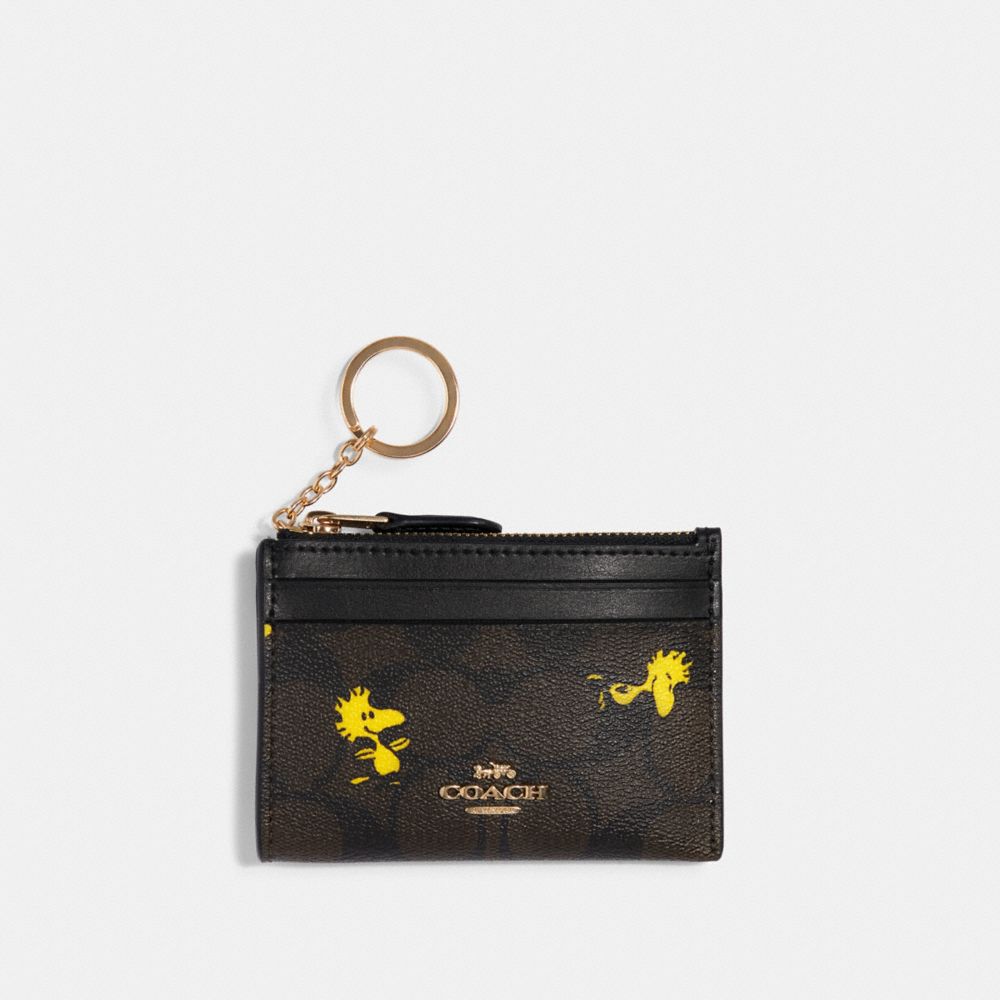 COACH C4594 COACH X PEANUTS MINI SKINNY ID CASE IN SIGNATURE CANVAS WITH WOODSTOCK PRINT IM/BROWN BLACK MULTI