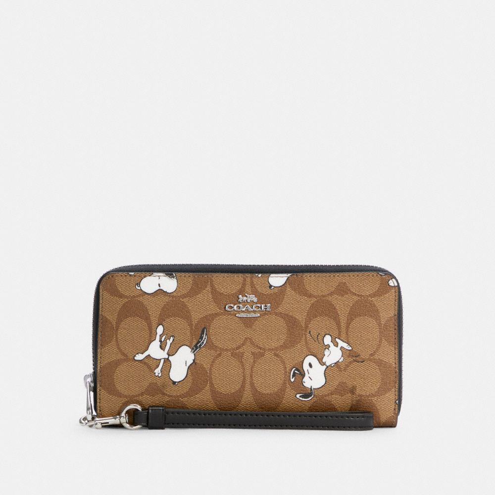 COACH Coach X Peanuts Long Zip Around Wallet In Signature Canvas With Snoopy Print - SILVER/KHAKI MULTI - C4596