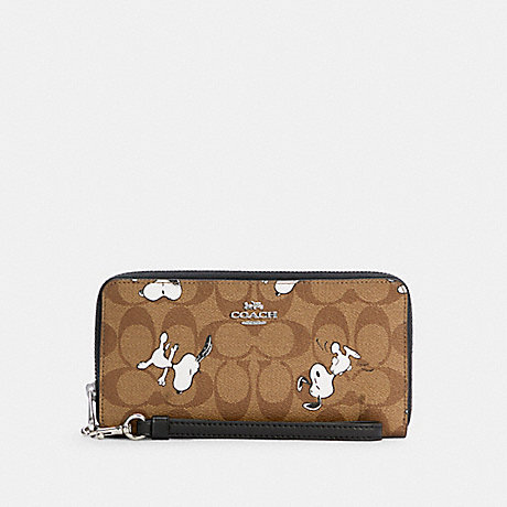 COACH Coach X Peanuts Long Zip Around Wallet In Signature Canvas With Snoopy Print - SILVER/KHAKI MULTI - C4596