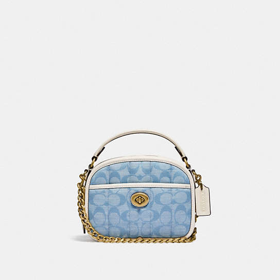 C4688 - Lunchbox Top Handle In Signature Chambray With Quilting Brass/Light Washed Denim Chalk