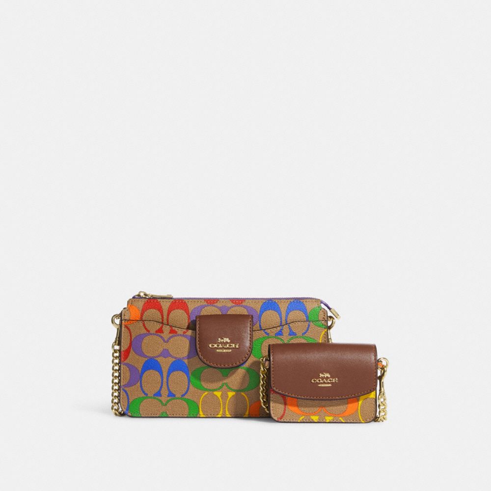 COACH C4697 Poppy Crossbody With Card Case In Rainbow Signature Canvas GOLD/KHAKI MULTI