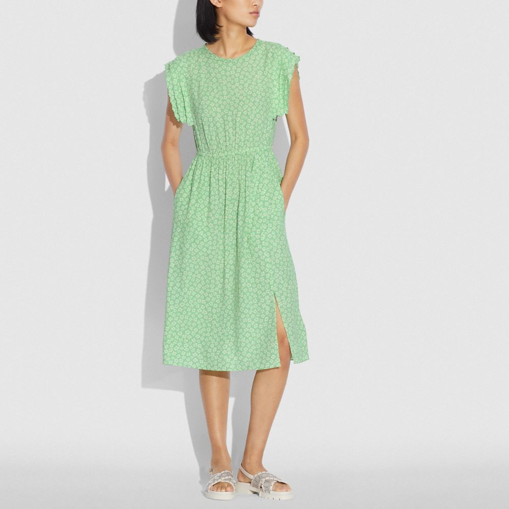 GRAPHIC DITSY SHOULDER PLEAT MIDI DRESS