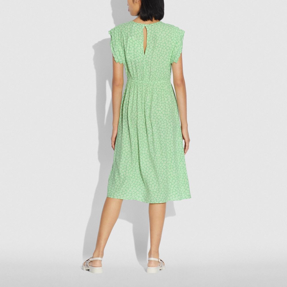 GRAPHIC DITSY SHOULDER PLEAT MIDI DRESS